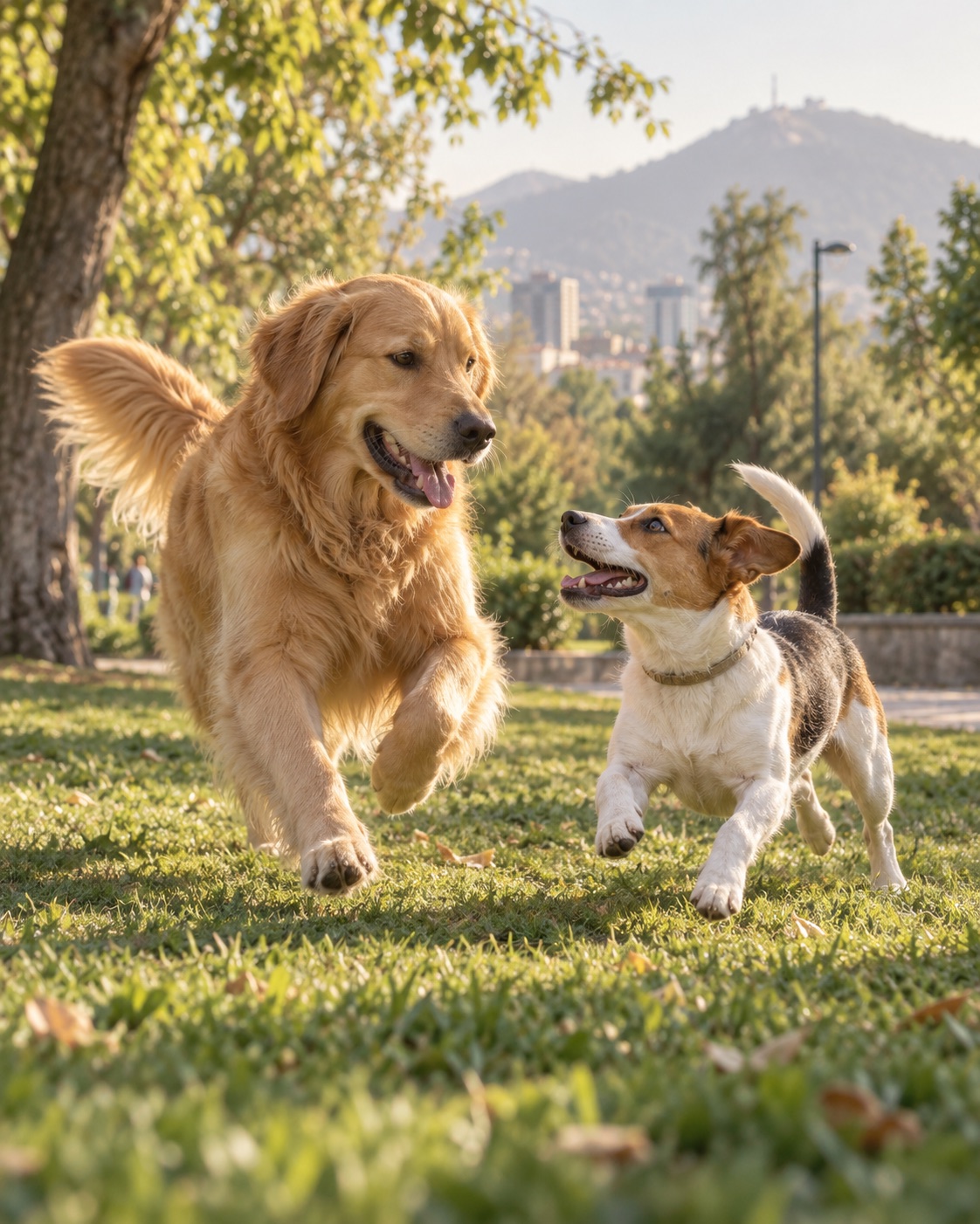 Dos mascotas jugando juntas en un parque