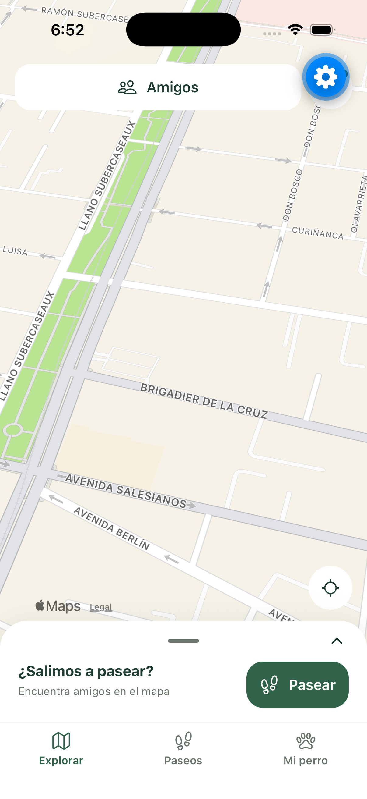 Captura de Patota en iPhone: mapa de San Miguel y botón para empezar un paseo